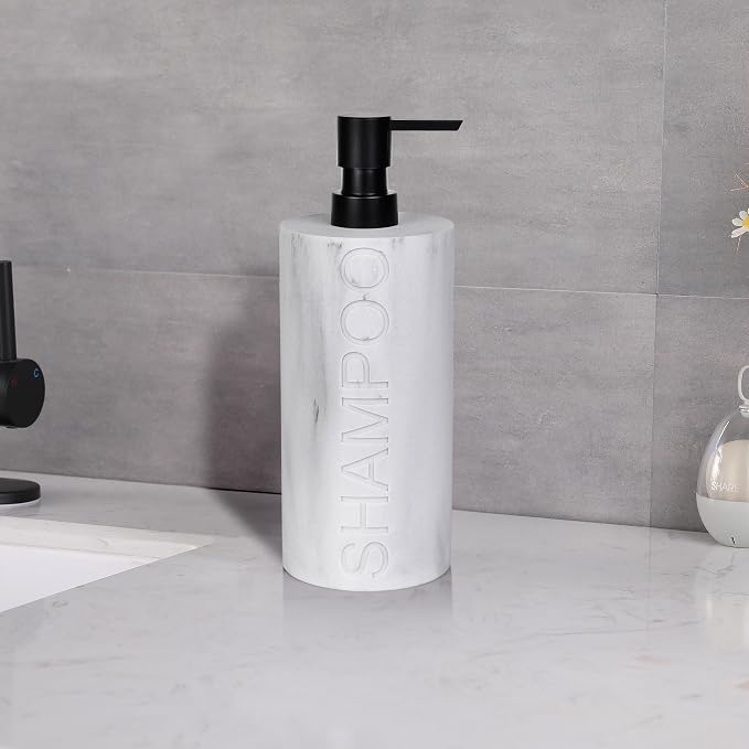 Resin White Marbled Shampoo Engraved Bottle Refillable Pump Dispenser, Durable - Image 6