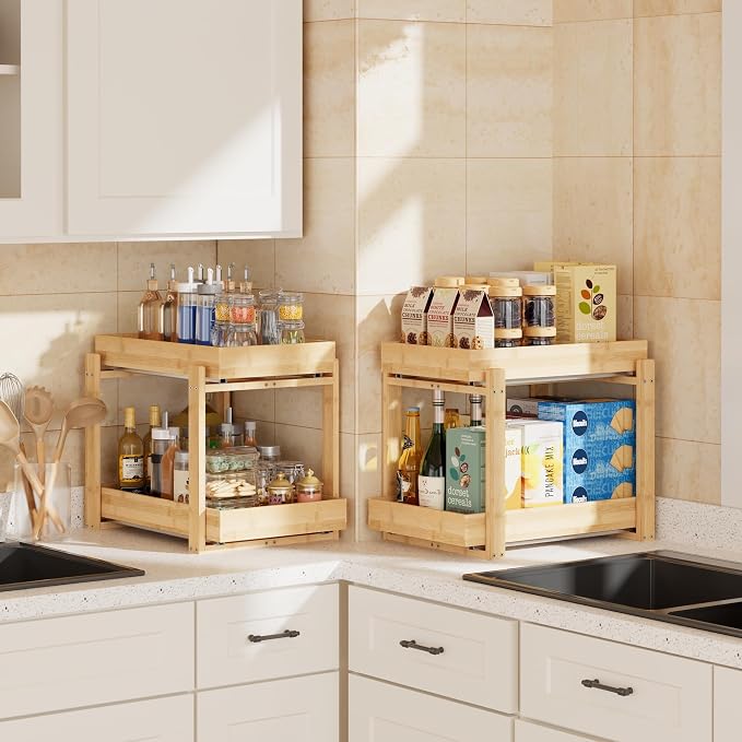 2 Pack Under Sink Organizer, Bamboo Wooden 2-Tier Pull-Out Storage - Image 4