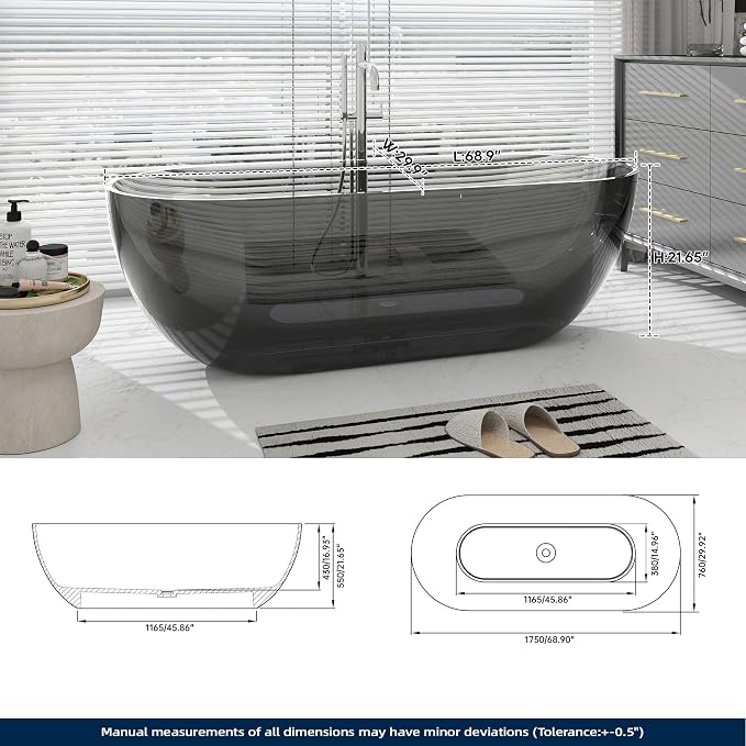 SJ STAR&JANE 69" Solid Surface Freestanding Bathtub Stone Resin Oval Soaking - Image 7