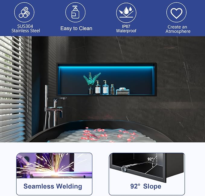 RGB LED Light Shower Niche, Matte Black 36X12 in Stainless Steel Wall Niche - Image 6