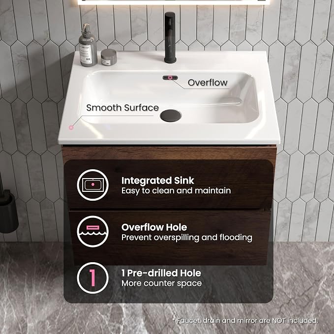 24" Bathroom Vanity with Sink, Modern Floating Vanity with Double Soft Closing - Image 4