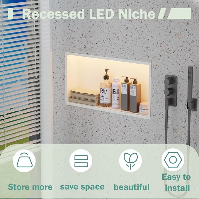 24"x12" Lighted Shower Niche ，Stainless Steel Waterproof Shower Storage - Image 4