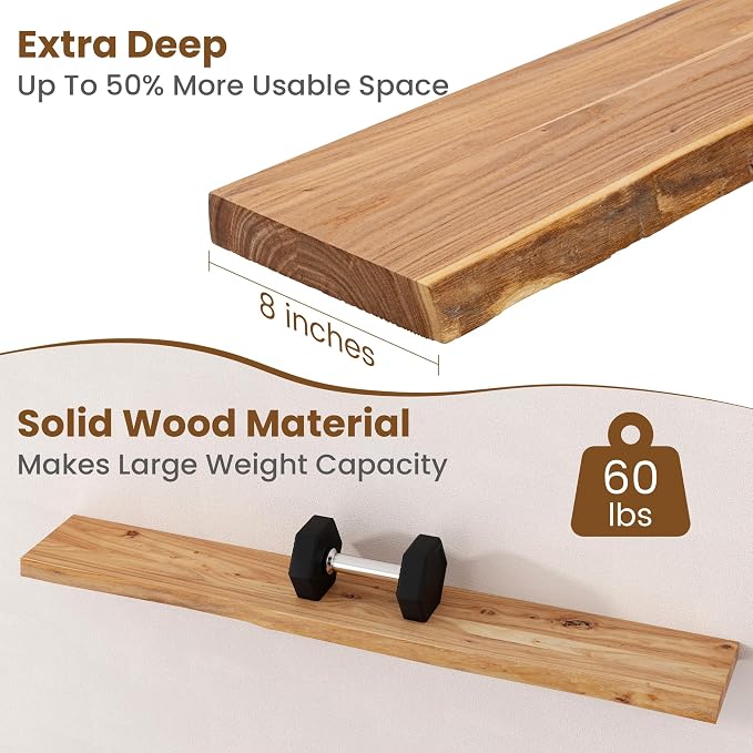 Floating Shelves for Wall Decor, Rustic Solid Elm Wood Live Edge Floating - Image 5