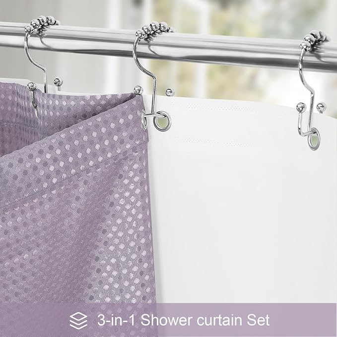 3 in 1 Extra Long Purple Shower Curtain Set-72 W x 84 H, Lavender Waffle and - Image 2