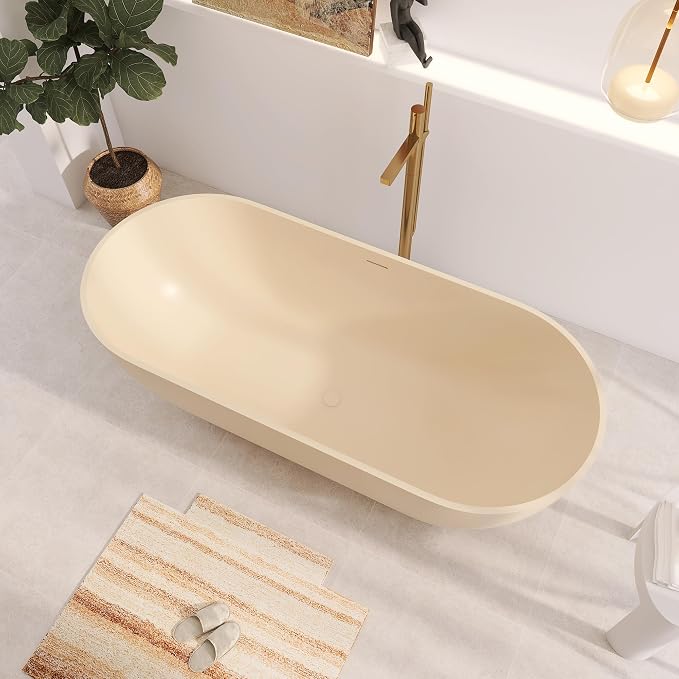 69" Premium Cream Stone Resin Solid Surface Free Standing Bathtub, Unique Matte - Image 2