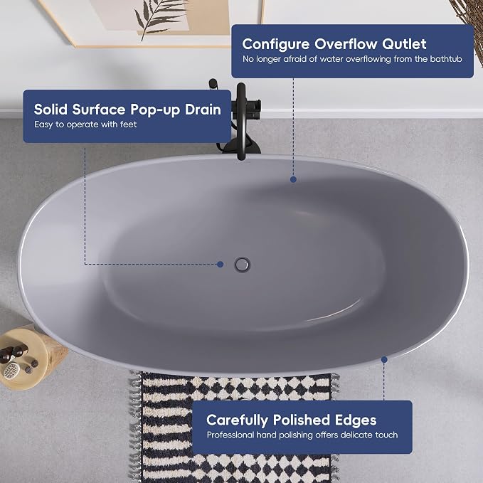 SJ STAR&JANE 65" Solid Surface Freestanding Bathtub Stone Resin Soaking Tub - Image 8