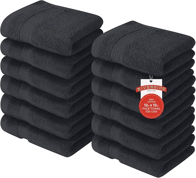 RIVERSIDE 12 Pack Premium 100% Cotton Face Washcloths, 550 GSM, 12 x 12 Inches by RIVERSIDE