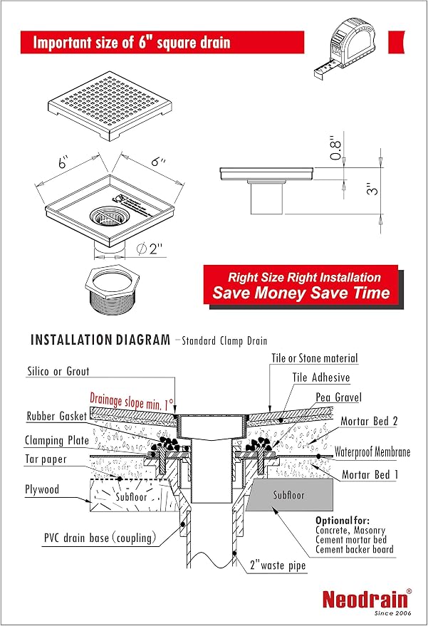 Neodrain 6-Inch Square Shower Drain - Image 7