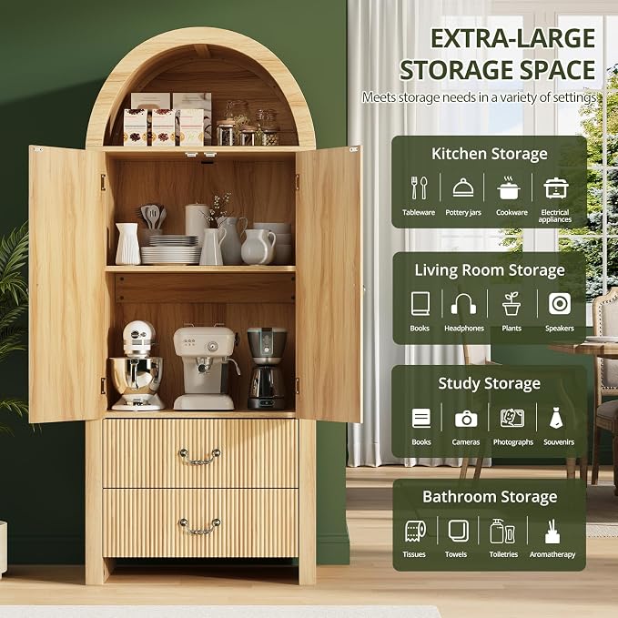 71" Tall Arched Kitchen Pantry, Wood Kitchen Storage Cabinet - Image 3