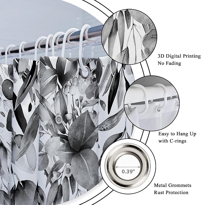 Riyidecor Black White Eucalyptus Shower Curtain - Image 6