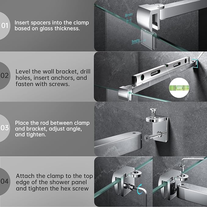 Frameless Shower Door Support Bar, Stainless Steel Wall-to-Glass Support Arm to - Image 4