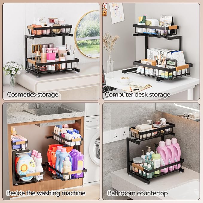 ADBIU Under Sink Organizer, 2 Pack 2 Tier Expandable Height Pulling Out Kitchen - Image 5