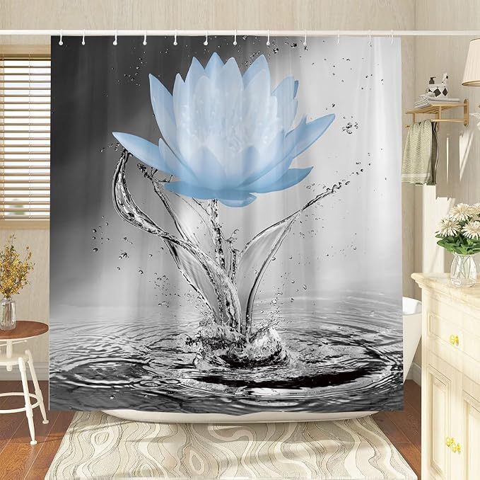 Lotus Shower Curtain Black White Grey Blue Flower Elegant Blooming Floral - Image 3