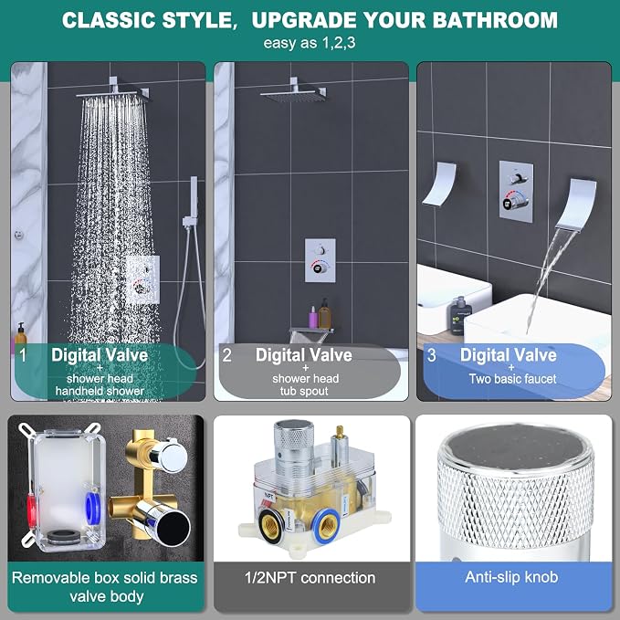 Temperature Display 2 Way Shower Valve Brass Rough-in and Rectangle Trim Kit - Image 4