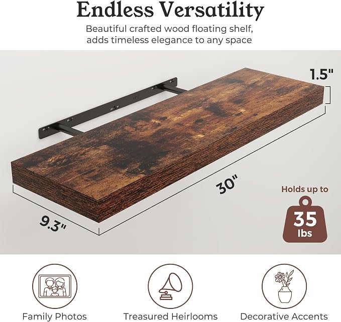 Floating Shelves for Wall, 9.3" Deep Wall Mounted Rustic Wood Shelves for - Image 2