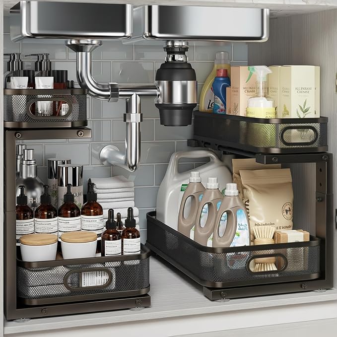 2 Pack Under Sink Organizer, Dual-Layer Pull Out Mesh Cabinet Rack - Image 8