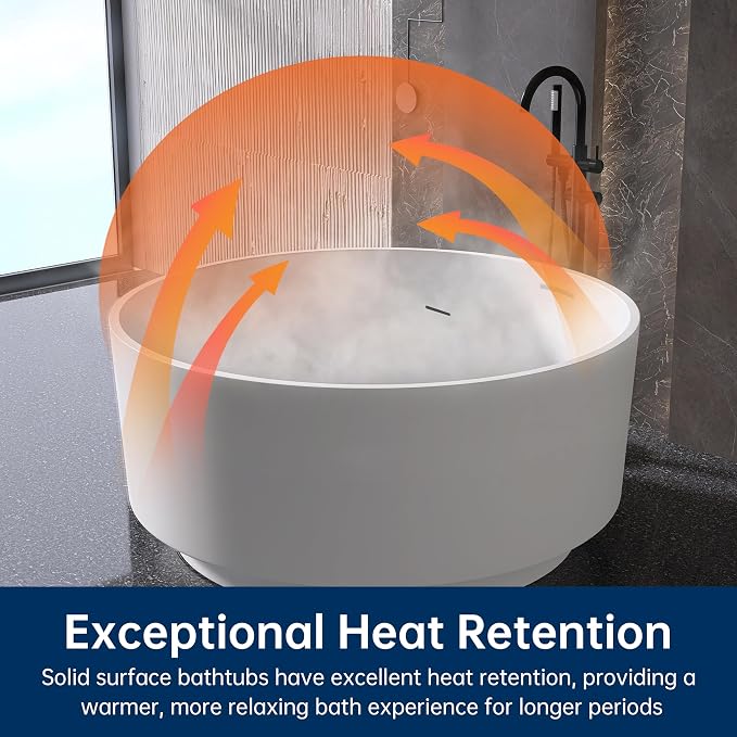49'' Round Soaking Bathtub Resin Stone Freestanding Bathtub Soaking Deep Tub - Image 6