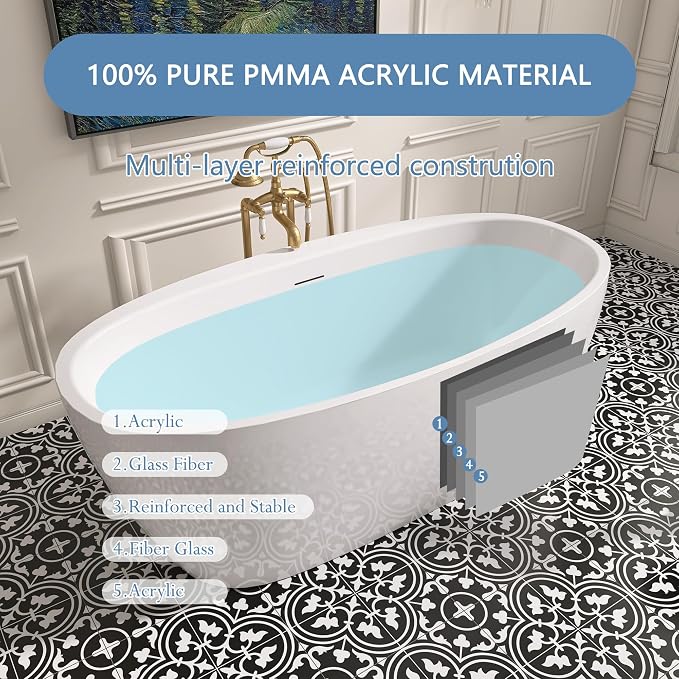 67" Free Standing Tub, Pure Acrylic Freestanding Bathtub, Stylish Stand Alone - Image 6