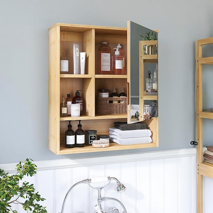SMIBUY Bathroom Mirror Cabinet Wall Mounted, Bamboo Space Saver Medicine Cabinet - Image 4