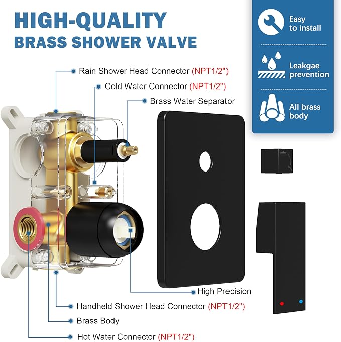 Shower System, Wall Mounted High-Pressure Showerhead Combo Set Included Valve - Image 6