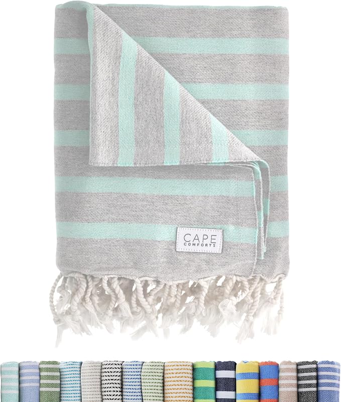 Large Turkish Beach Towel, Striped Light Grey & Mint by CapeComforts
