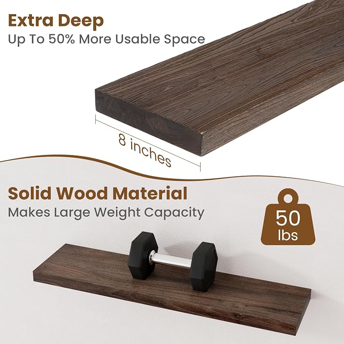 Floating Shelves for Wall Decor, 8 Inch Deep Rustic Solid Elm Wood Floating - Image 5