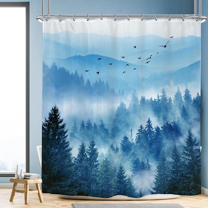 Riyidecor Extra Long Blue Shower Curtain 72Wx78H Inch Foggy Misty Nature - Image 2