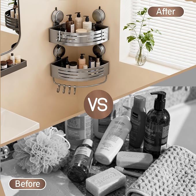 Corner Suction Cup Shower Caddy, No-Drilling Aluminum Shower Shelf - Image 7