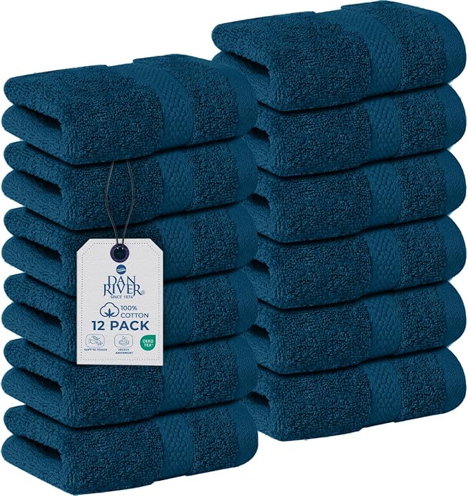 DAN RIVER 12-Pack Premium 100% Cotton Blue Opal Face Towels – Reusable Face by DanRiver