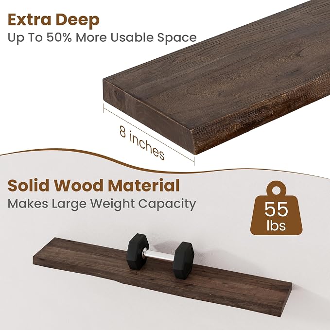 Floating Shelves for Wall Decor, Rustic Solid Elm Wood Live Edge Floating - Image 5