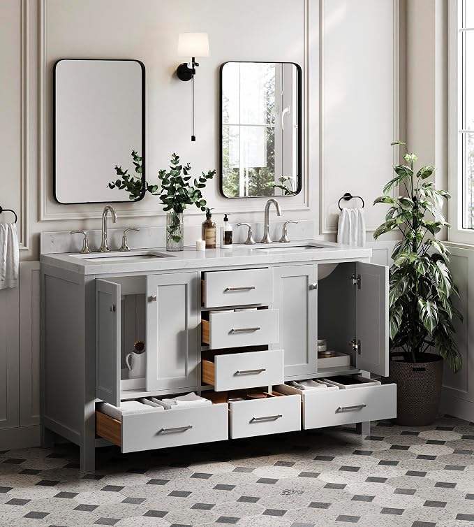 ARIEL Cambridge 60 Inch Grey Bathroom Vanity Double Sink, Solid Wood, Carrara - Image 3