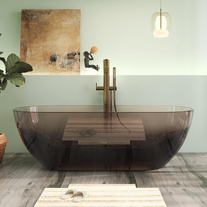 69" Premium Solid Surface Free Standing Bathtub, Unique Transparent Brown Stone - Image 3