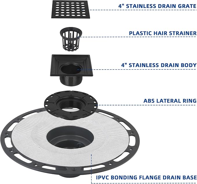 Square Shower Drain, 4-Inch Matte Black Kit - Image 4