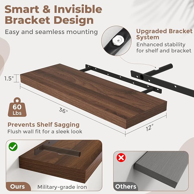 36 Inch Floating Shelves for Wall Set of 2, Easy Install Engineered Wood - Image 3