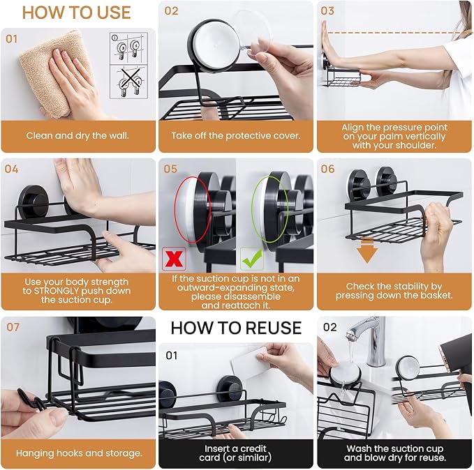 LEVERLOC 2 Pack Shower Caddy Suction Cup, Shower Shelves - Image 5