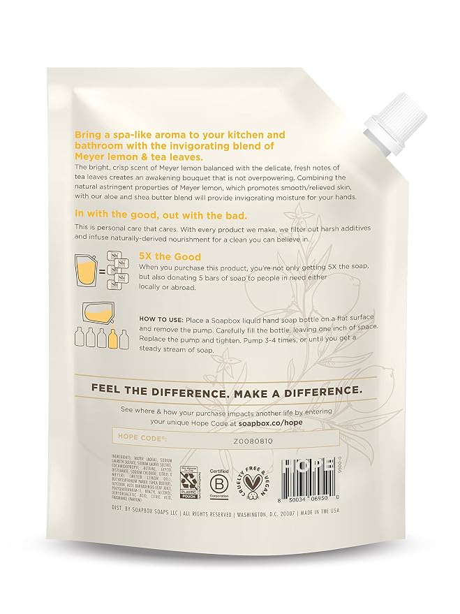 Soapbox Liquid Hand Soap Refill, Meyer Lemon & Tea Leaves, Gentle & - Image 2