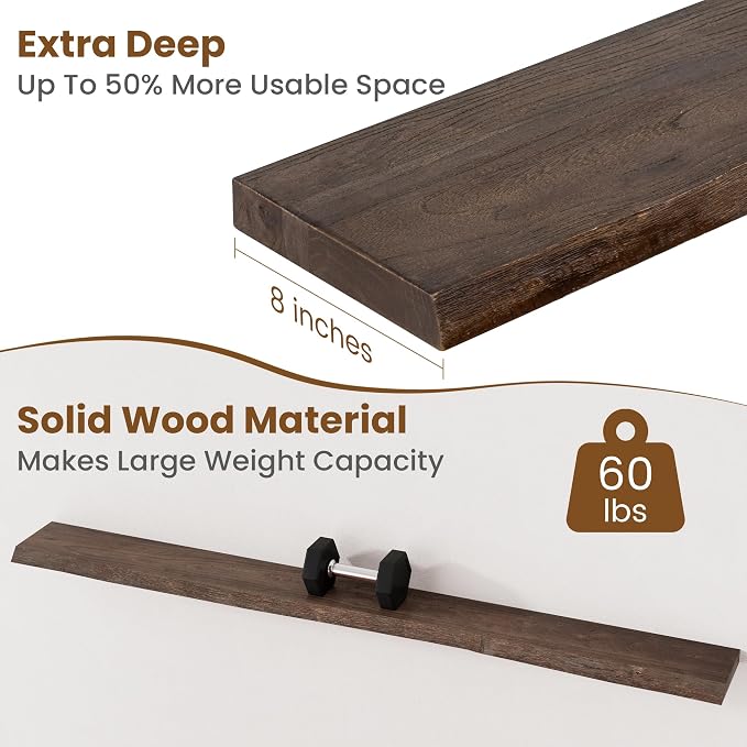 Floating Shelves for Wall Decor, Rustic Solid Elm Wood Live Edge Floating - Image 5