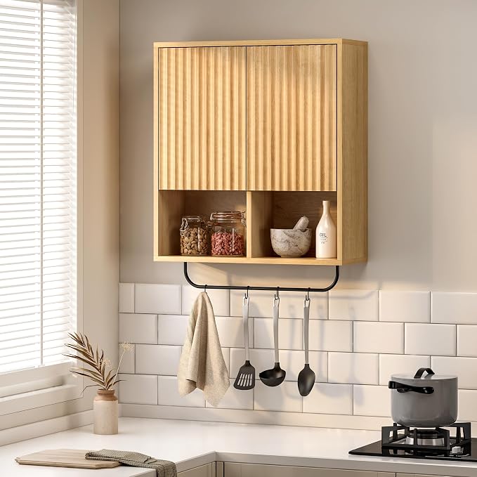 Fluted Wall Cabinet Set of 2, Wooden Bathroom Medicine Cabinet Storage - Image 7