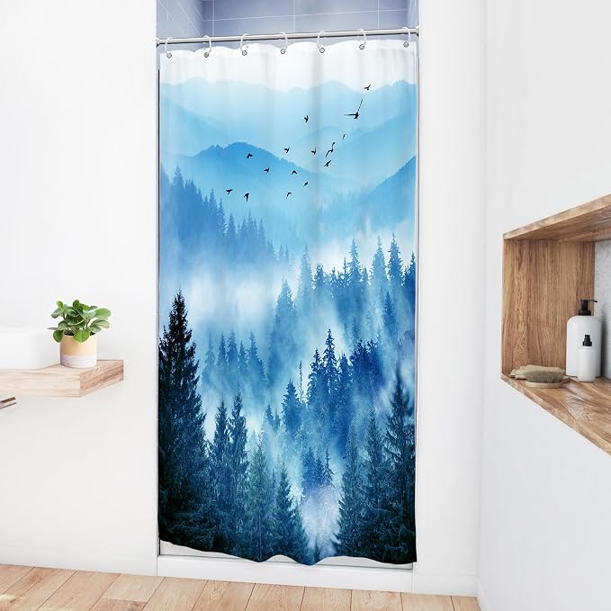 Riyidecor Stall Half Small Rv Shower Curtain 36Wx72H Inch Blue Mountain Single - Image 3