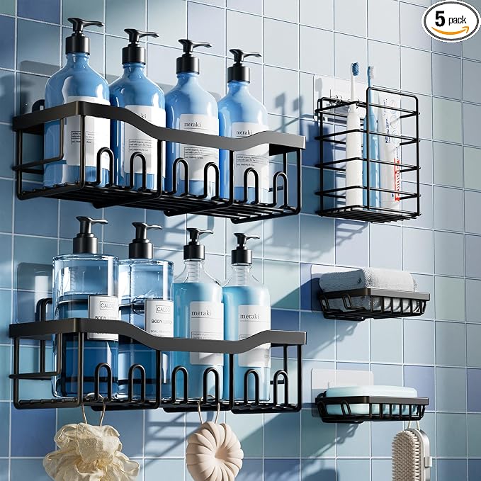 EUDELE 5-Pack Rustproof Stainless Steel Shower Caddy Set– No Drill Adhesive by EUDELE