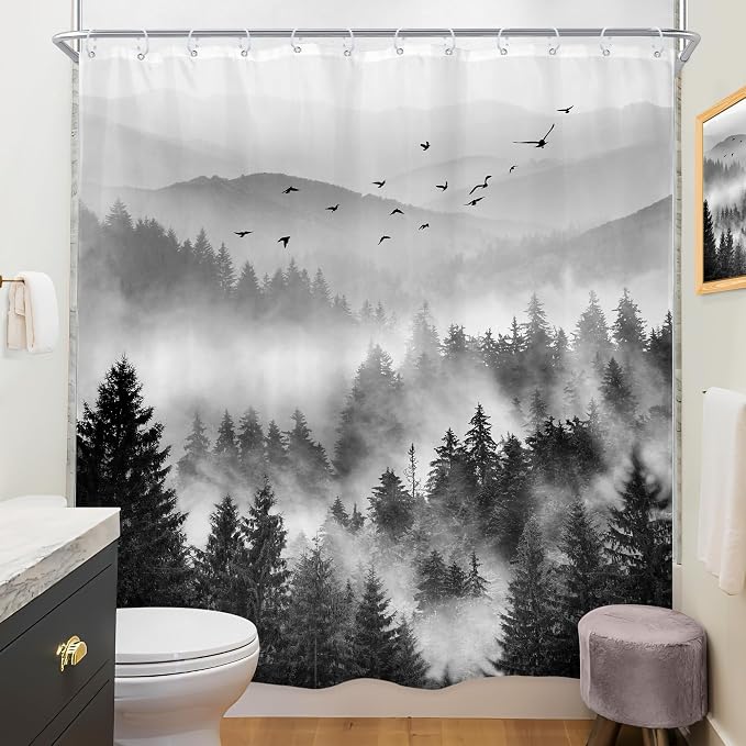 Riyidecor Extra Long Black and White Shower Curtain 72Wx84H Inch Misty Nature - Image 4