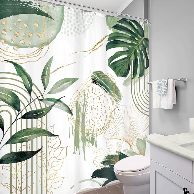 Sage Green Boho Shower Curtain 72Wx78H Mid Century Modern Tropical Palm Leaves - Image 4