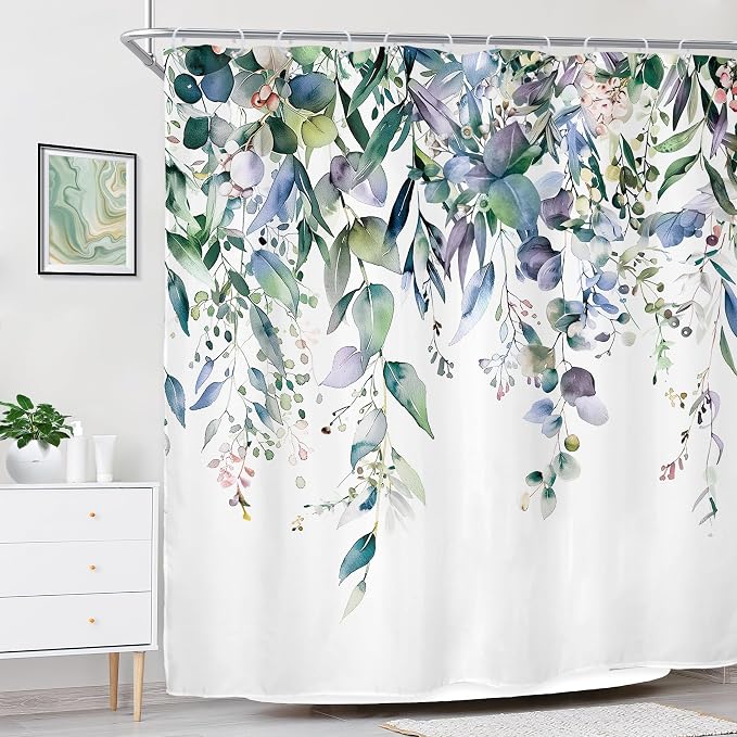 Riyidecor Teal Shower Curtain for Bathroom Decor 72Wx72H Eucalyptus Leaves - Image 4