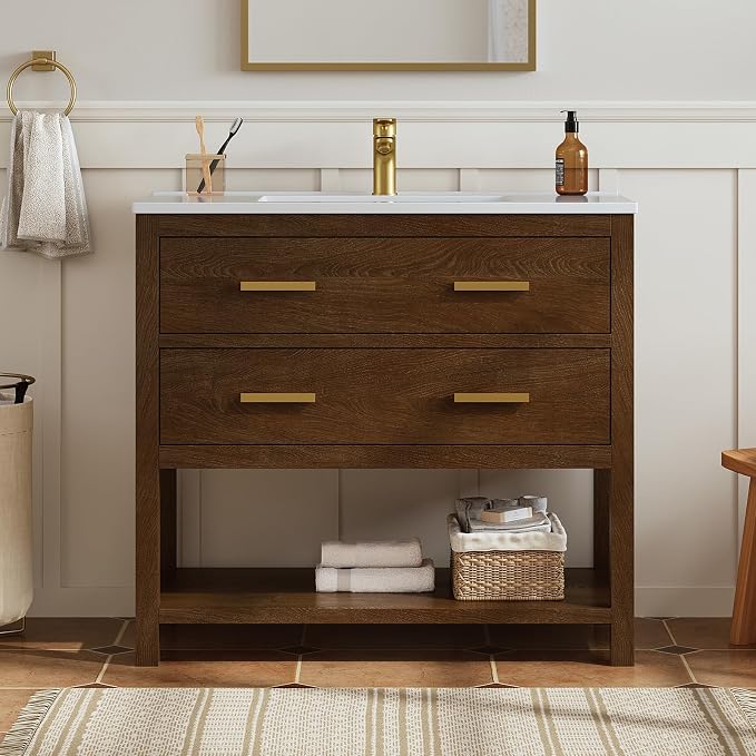 36 Inch Bathroom Vanity with Sink, Farmhouse Storage Cabinet with Drawers & by DELUXELIVING