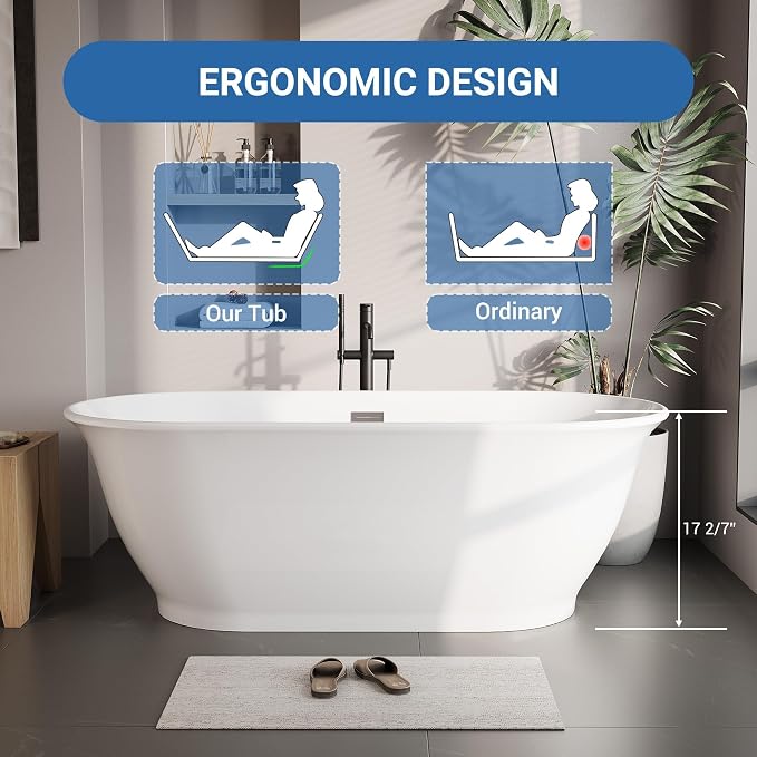 67" Acrylic Freestanding Bathtub, Contemporary Soaking Tub, CUPC Certified - Image 3