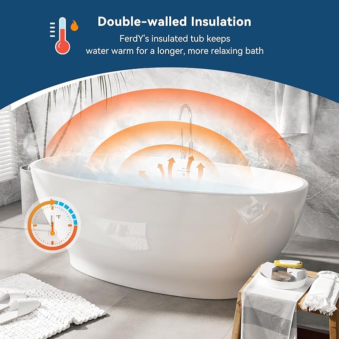 FerdY Koh Samui 65" Freestanding Bathtub, Elegant Oval Shape, Double Walled - Image 2