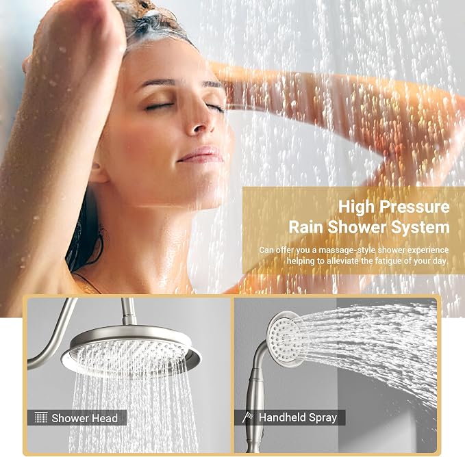 DASAN Brushed Nickel Rain Shower System Complete Antique Shower Faucet Sets - Image 3