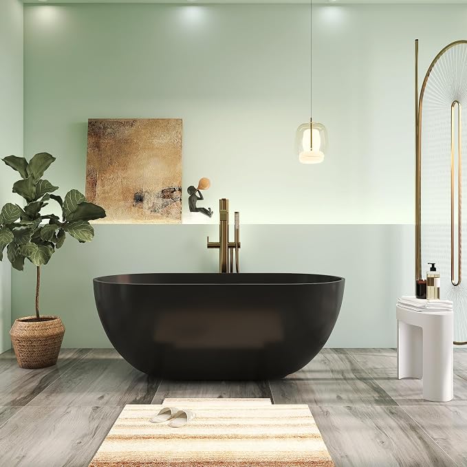 59" Premium Matte Black Solid Surface Freestanding Bathtub, Modern Design Stone - Image 3