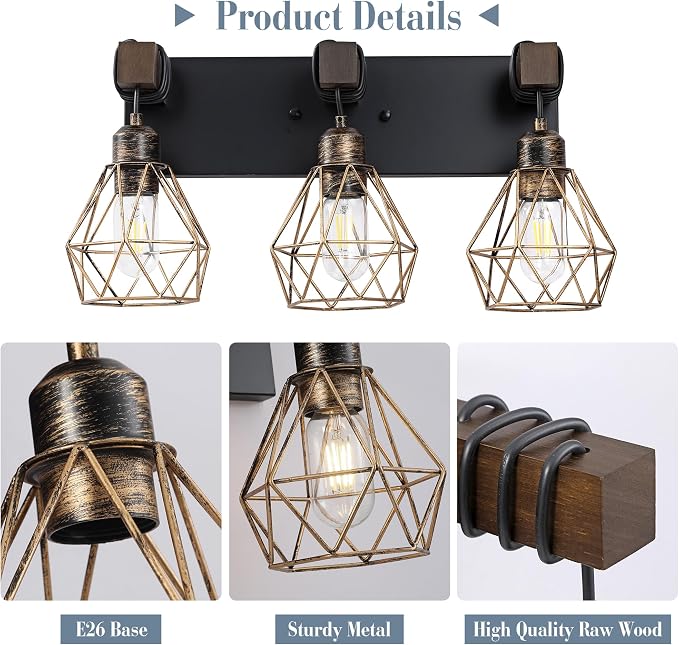 Farmhouse Bathroom Light Fixtures, 3-Light Bathroom Lighting Fixtures Over - Image 3