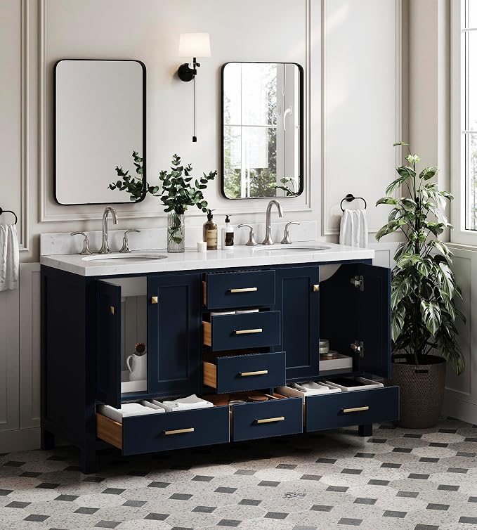 ARIEL Cambridge 60 Inch Midnight Blue Bathroom Vanity Double Sink, Solid Wood - Image 4